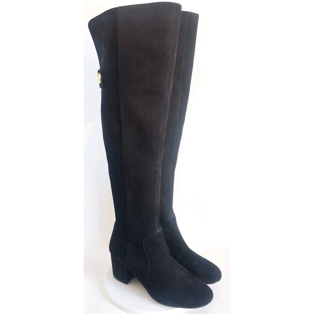Nine West Knee‎ High Boots Size 7.5 Black Suede Leather Block Heel Zip Riding - Picture 2 of 16